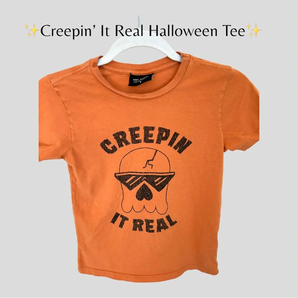 ✨Kid’s Halloween Skull Tee. “Creepin’ It Real” in Orange and Black. Size 8✨ - Picture 4 of 7
